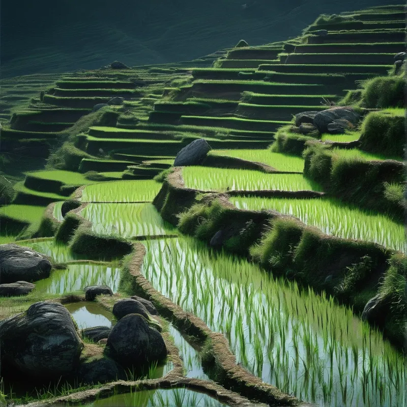Flooded terraced paddies climb a shaded mountainside, their still water mirroring the bright young rice shoots.