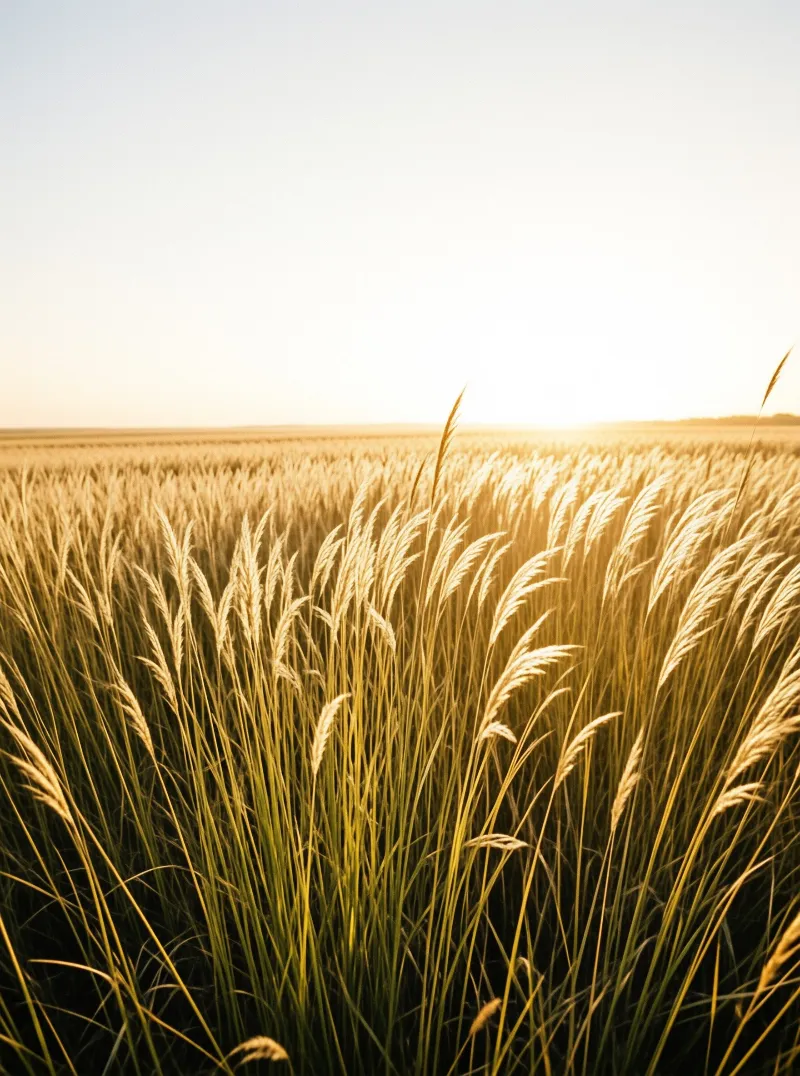 Vast wheat stalks stand illuminated by the warm light of a low sun near the horizon.