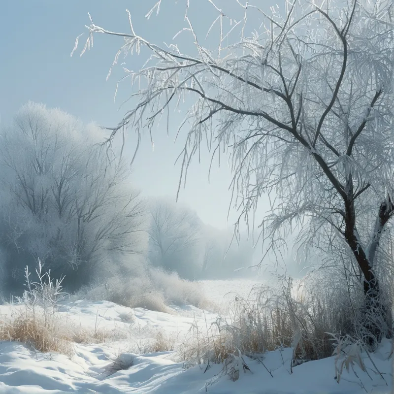 Icy tree branches hang down from the top right corner overlooking a foggy riverbank covered in white snow and frost.