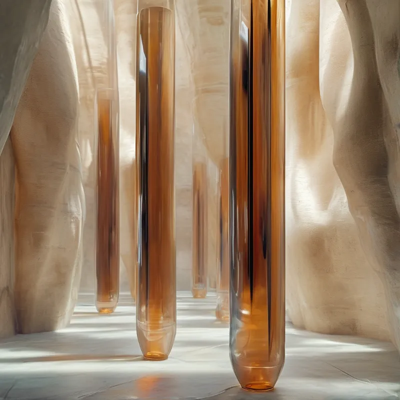 Tall amber glass cylinders stand vertically on a white floor surrounded by draped fabric, lit by soft natural light.