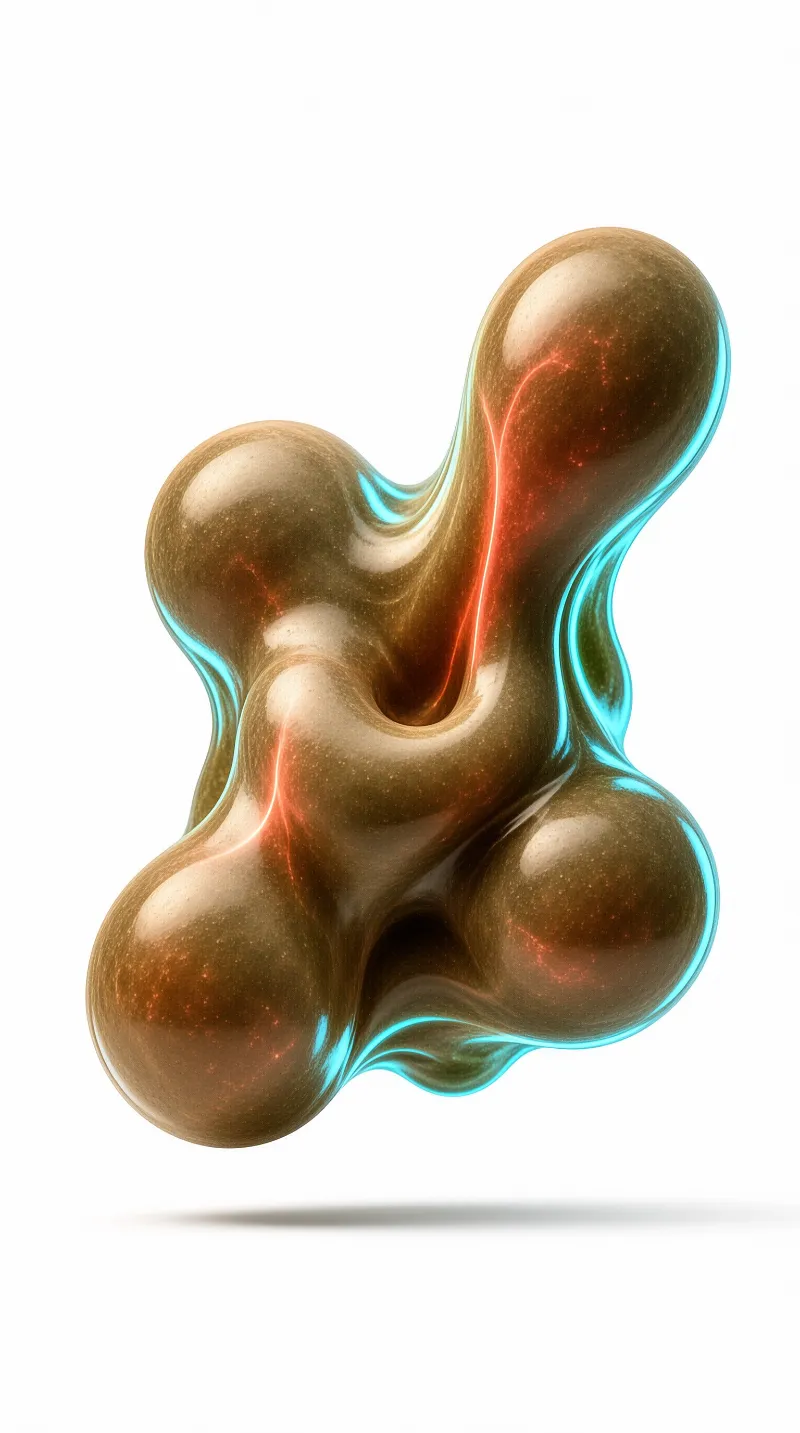 Fluid bronze form with red internal veins and cyan edge lighting isolated on a white surface.