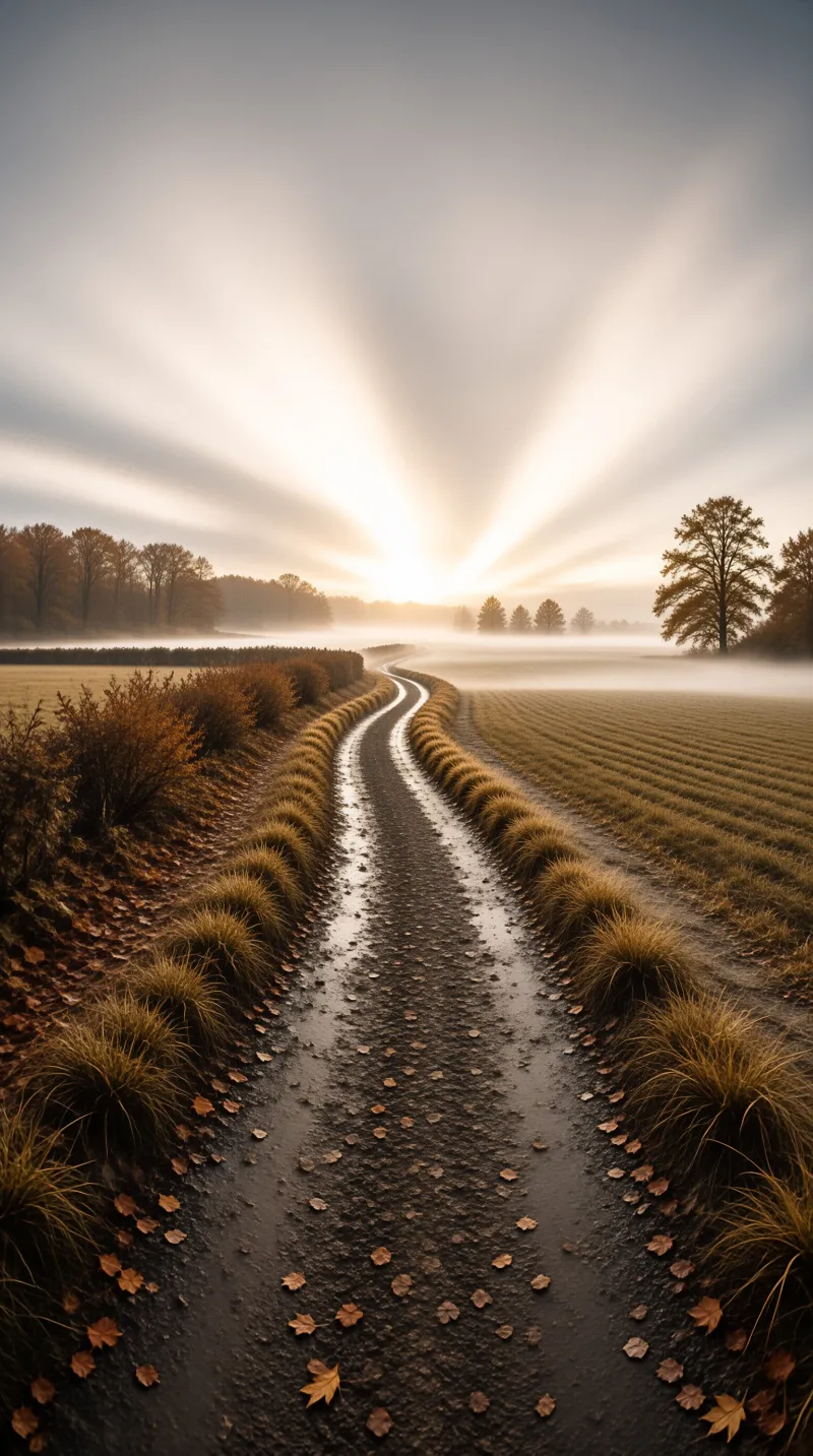 A wet, curving rural path reflects morning sunbeams while thick mist drifts over golden autumn fields and distant trees.