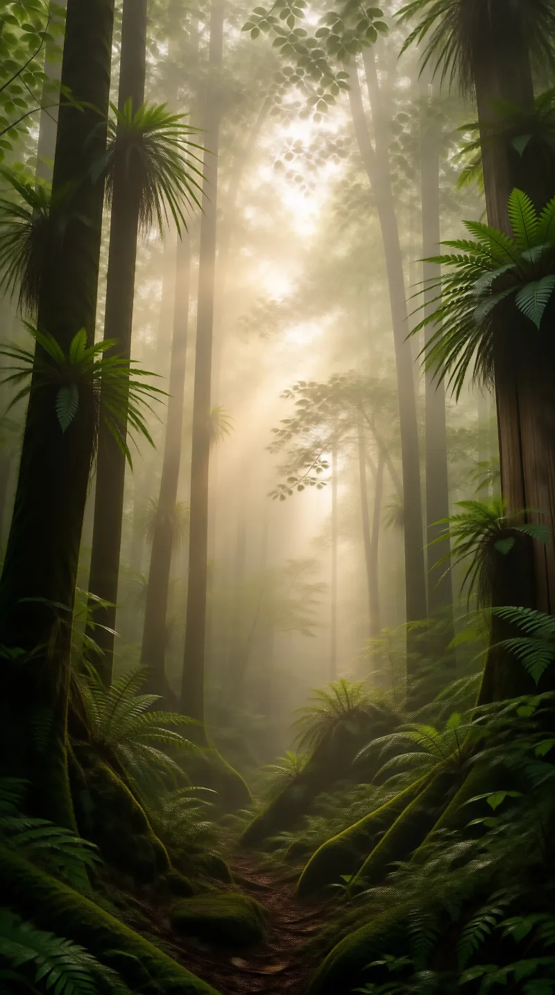 Sunlit Misty Forest Path