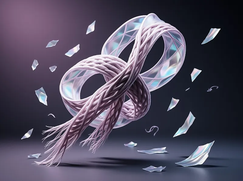 A twisted purple rope knot wraps around a translucent ring surrounded by floating iridescent shards on a dark background.