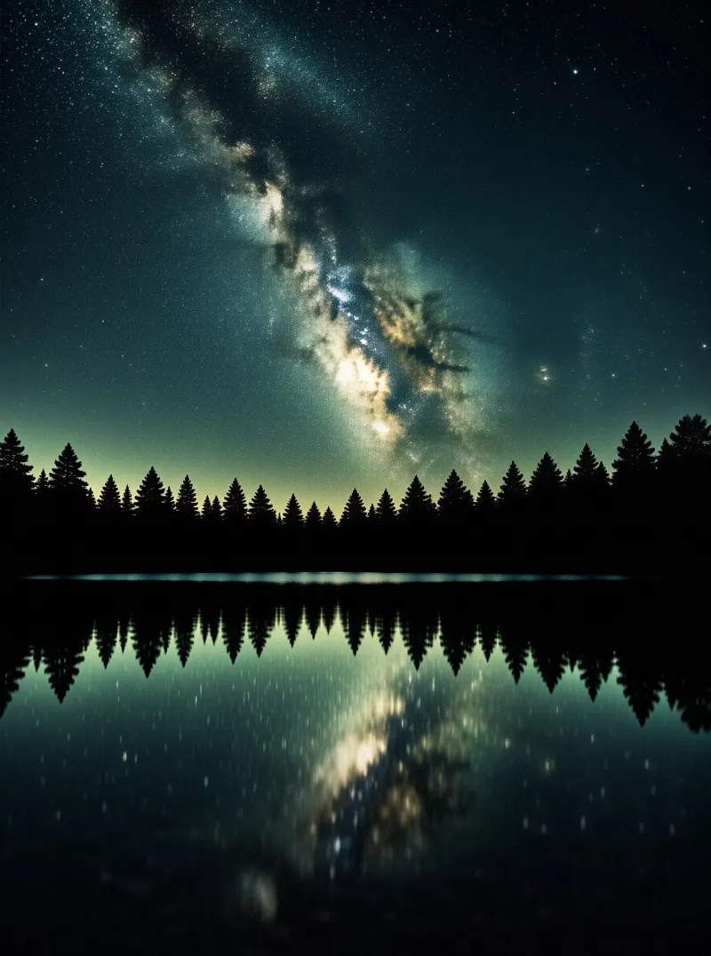 A dark coniferous forest reflects the brilliant spiral of the Milky Way in the still water below.
