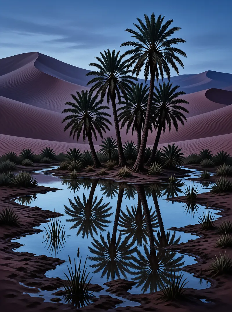 A cluster of tall palm trees stands beside a still desert pond reflecting the blue twilight sky and purple sand dunes