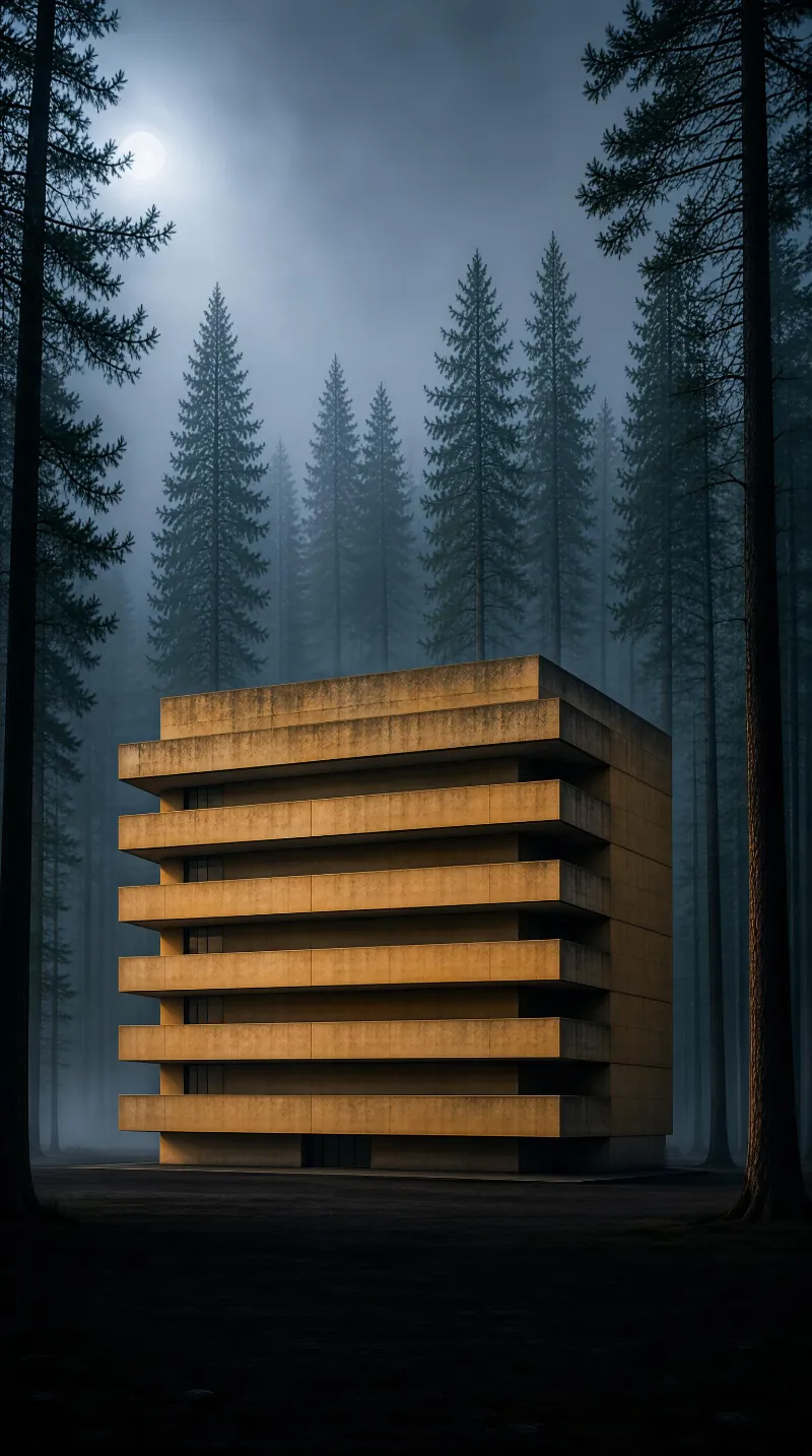 A concrete building with stacked horizontal layers stands alone in a misty forest surrounded by tall pine trees, illuminated by the soft glow of the full moon.