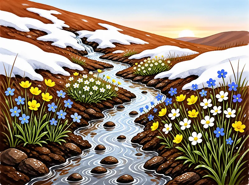 A winding stream flows through melting snow and brown banks with blue yellow and white wildflowers under a warm sunset sky.