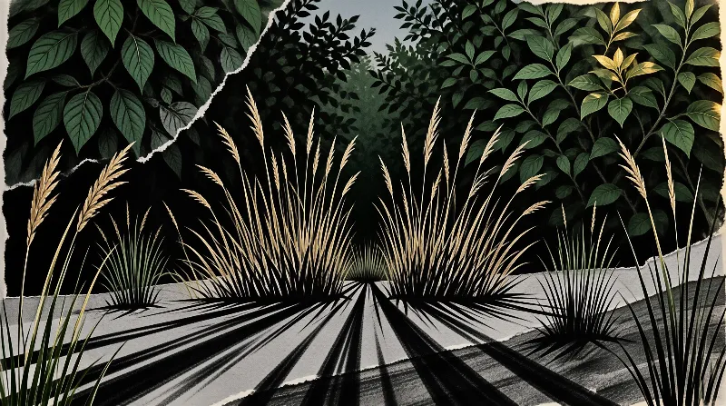 Tall golden wheat stalks line a narrow path that disappears into a dark green forest canopy while long sharp shadows stretch across the grey ground surface.