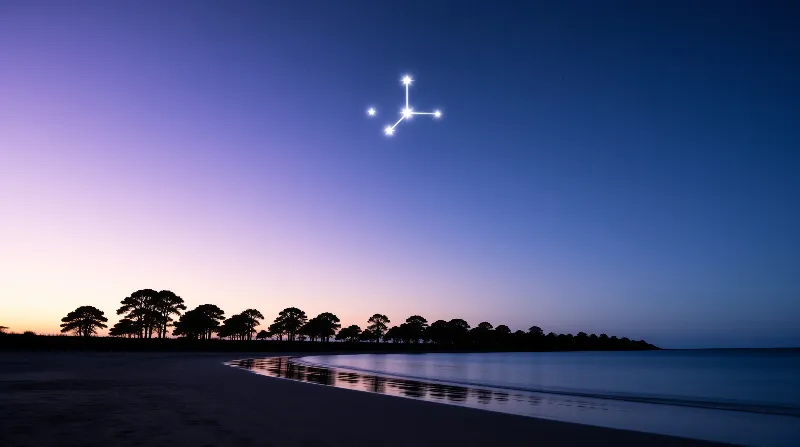 Dark pine trees line a beach at twilight while a bright constellation shines above wet sand reflecting the sky.