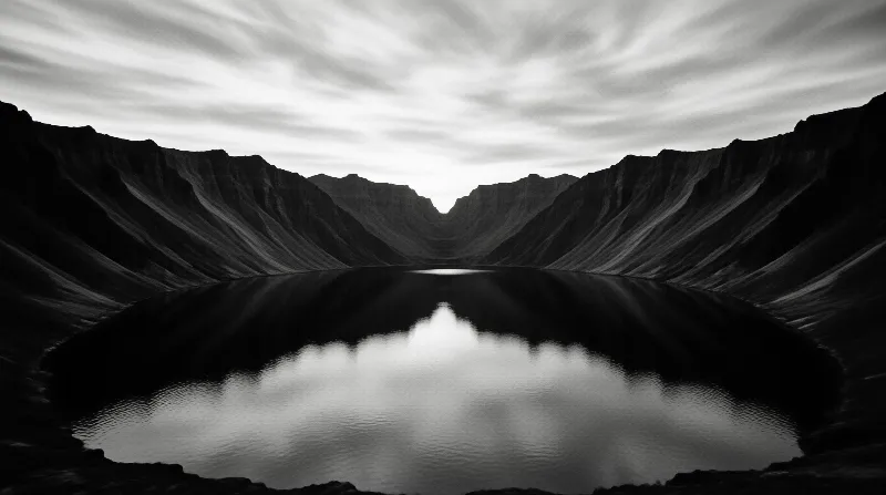 Black and white landscape showing a lake inside a steep crater surrounded by mountains under a cloudy sky
