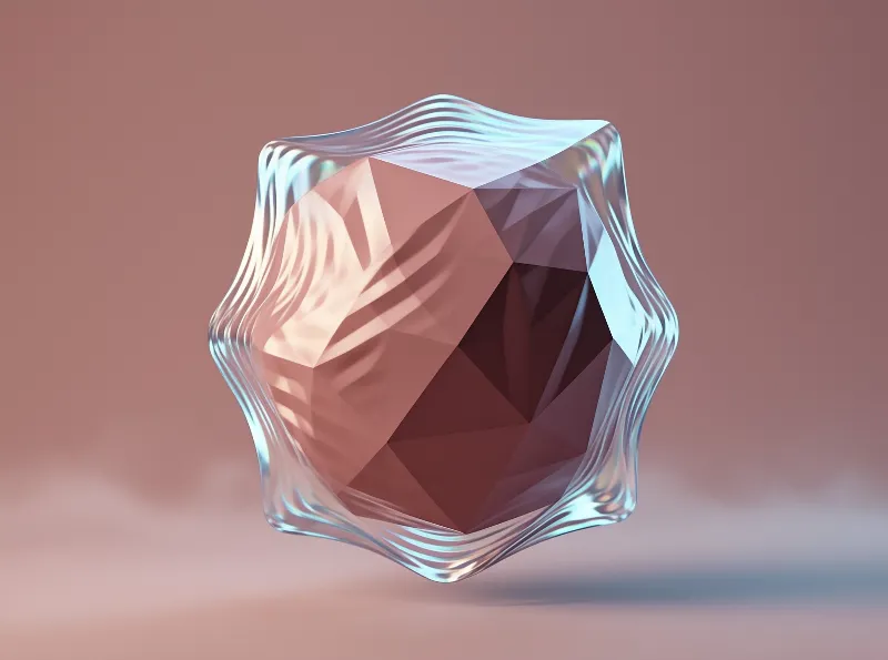 A low polygon gemstone floats inside a rippling clear shell that refracts warm ambient lighting around the central form.