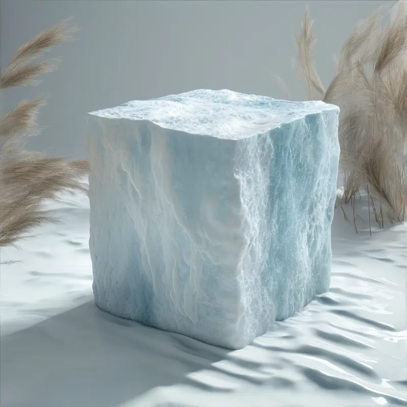 A rough block of pale blue ice sits on rippled white sand framed by soft beige pampas plumes in cool light.
