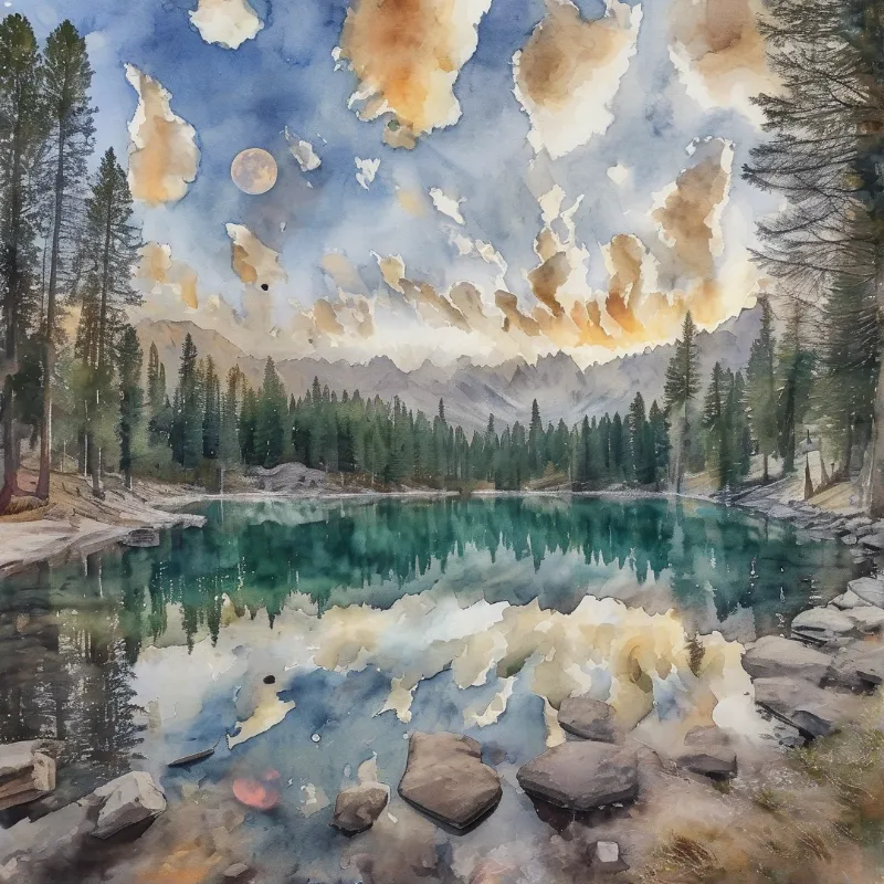Watercolor painting of a calm lake bordered by tall pine trees with a moon shining through clouds above distant mountains.