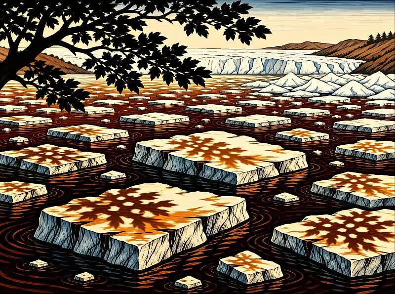 Rectangular blocks float in dark water while a leafy branch hangs from the upper left corner against distant hills.