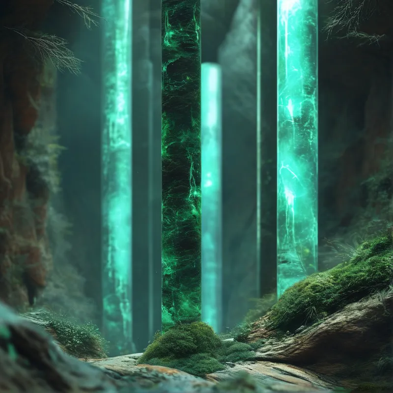 Tall luminous emerald crystal pillars rise from moss covered rocks in a dim damp cave with soft glowing green light filling the space.