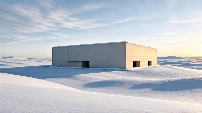 Minimalist Concrete Building in Snowy Landscape