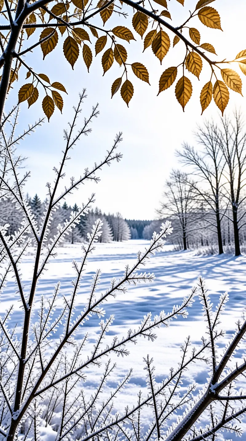 Dark branches coated in ice crystals hang over a frozen river covered in white snow under a bright winter sky.