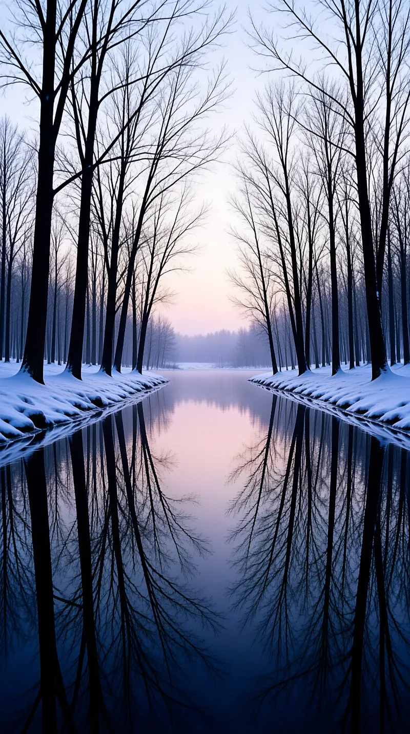 A tranquil view of leafless branches standing on frosty shores beside a calm stream during twilight.