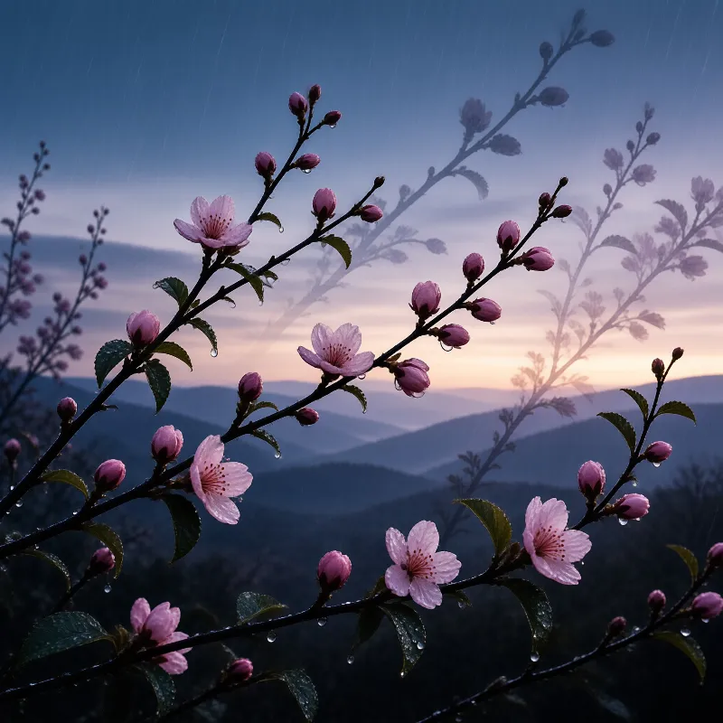Pink cherry blossoms with raindrops on dark branches over a misty mountain ridge at dawn with ghostly branch overlays.
