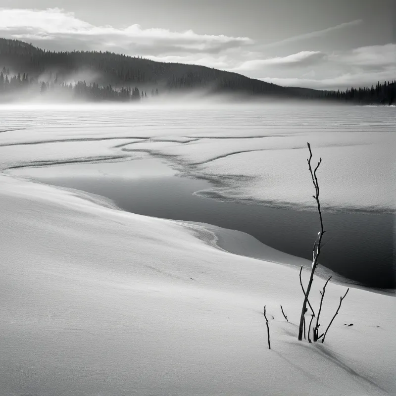 Black and white image of a frozen lake with cracks in the ice near a snow bank and a dead branch against misty mountains.