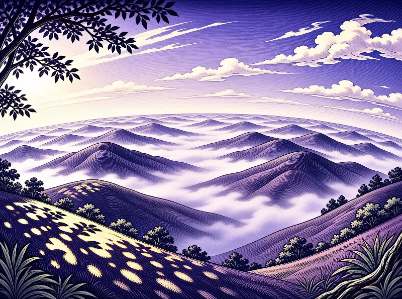 Stylized purple hills layer into the distance beneath a sky filled with white clouds and foreground branches.