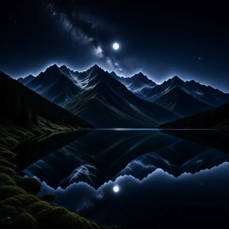 Dark peaks stand under a full moon and Milky Way while a calm lake mirrors the starry night scenery in deep blue tones.