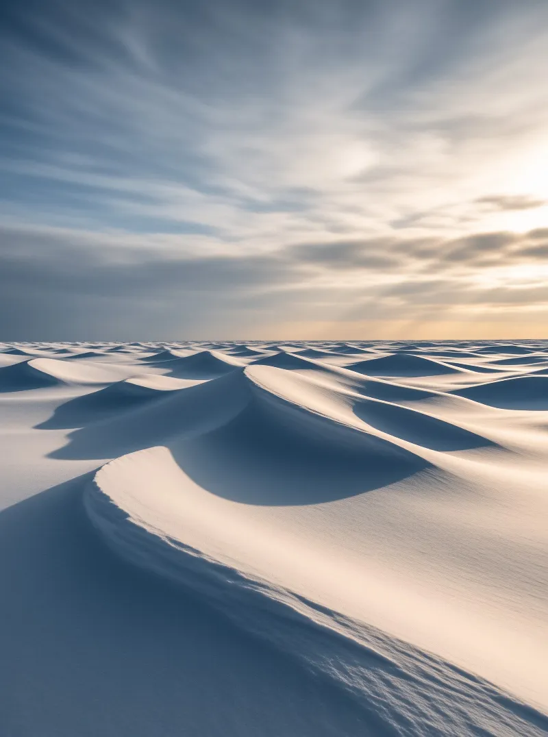 Extensive sand dunes ripple across the desert floor while low sunlight casts long shadows and highlights the ridges.