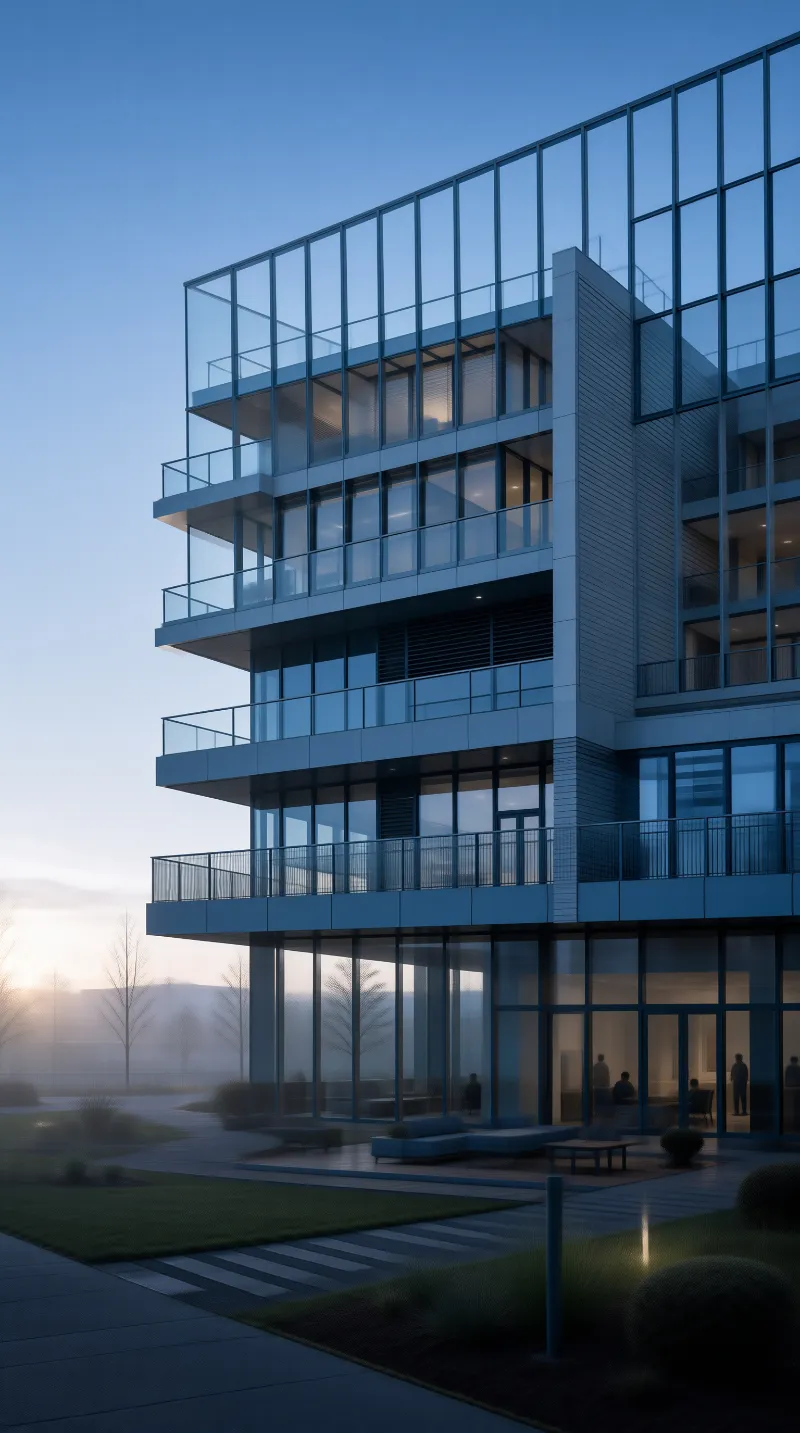Modern Glass-Facade Building at Dusk