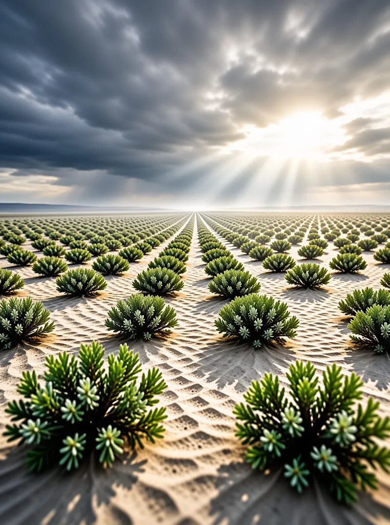 Green shrubs stand in neat lines on rippled sand as sunbeams break through a dark storm bank at the horizon.