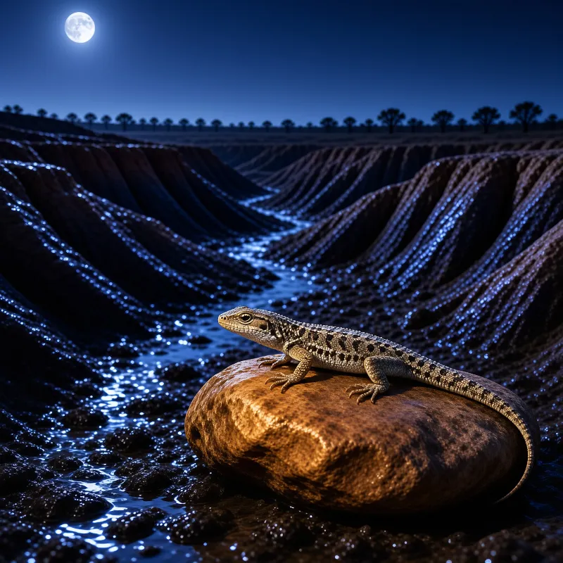 A lizard sits on a rock amid blue ripples under a full moon