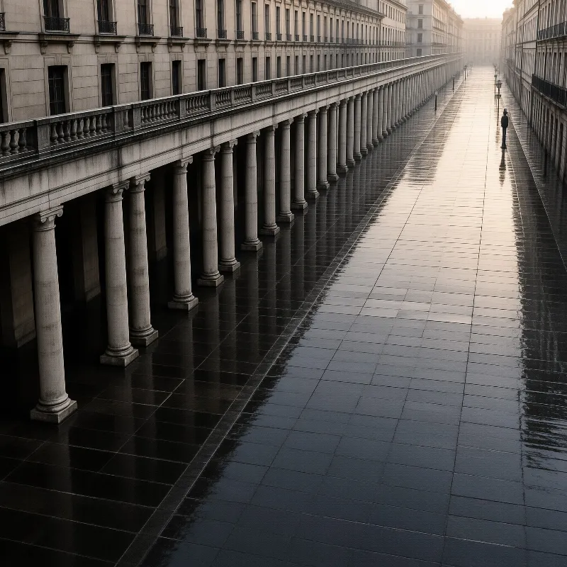 A long row of classical columns lines a wet street where a lone figure walks toward the distant light.