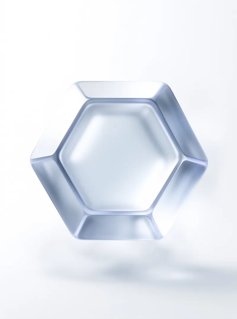 A pale blue translucent prism hovers above a bright seamless set, its bevelled faces softly glowing.