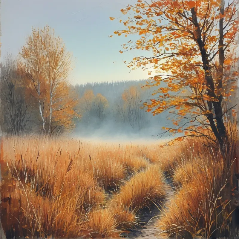 A dirt trail winds through tall dry grass while white fog rolls between distant trees under a pale sky.