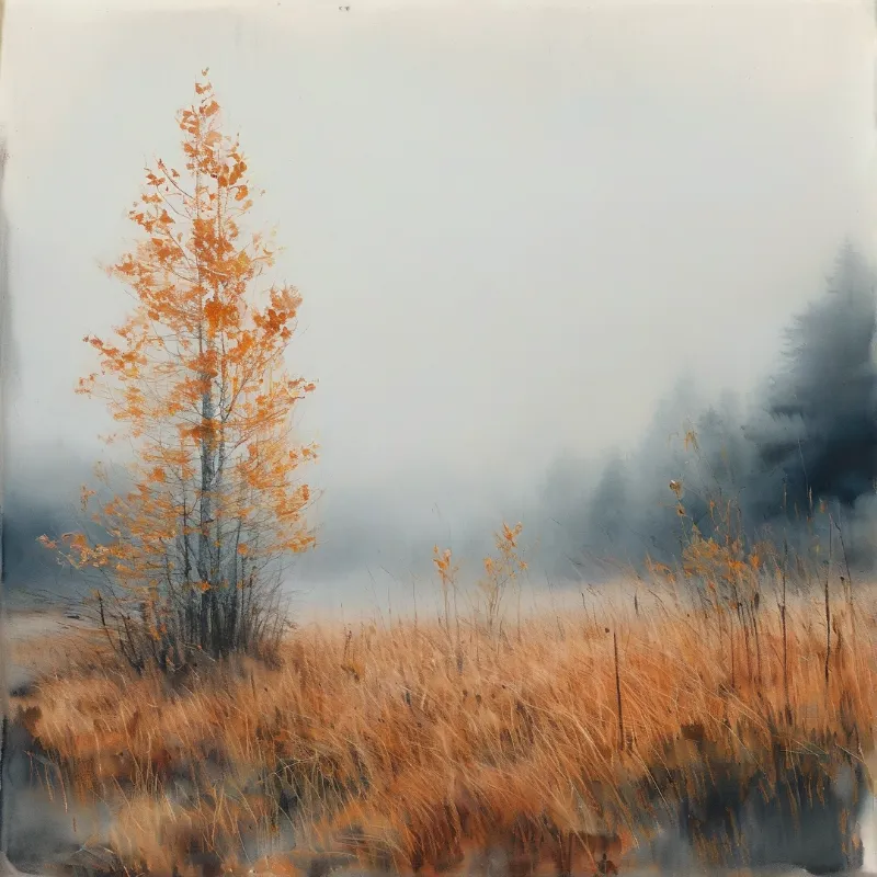 A tall amber leaf birch rises above golden wetland grass, with foggy evergreen forest fading into soft pale overcast sky in the background.