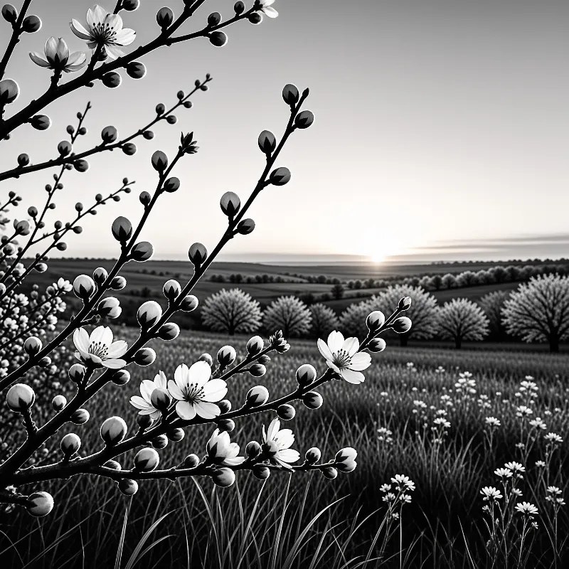Blooming branches in the foreground overlook a vast countryside with the sun low on the horizon.