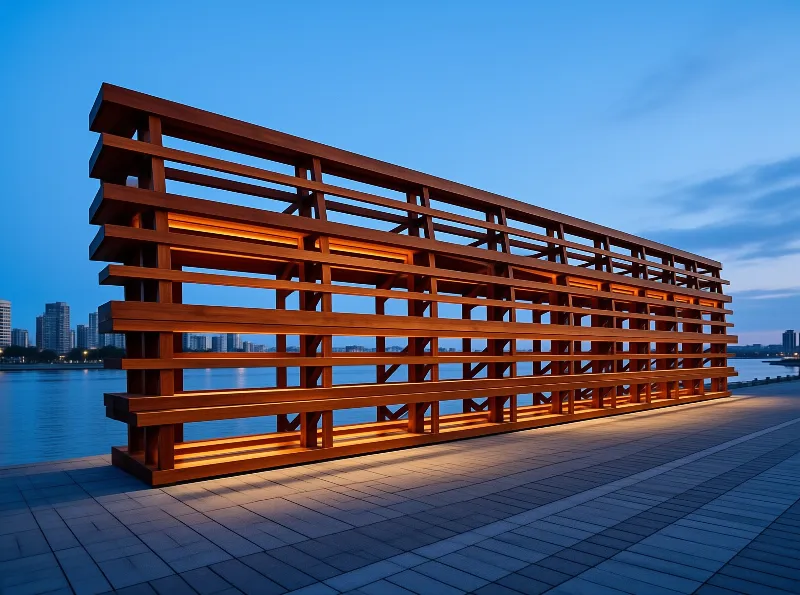 A long timber structure with horizontal slats illuminates a paved waterfront walkway against a deep blue evening sky.