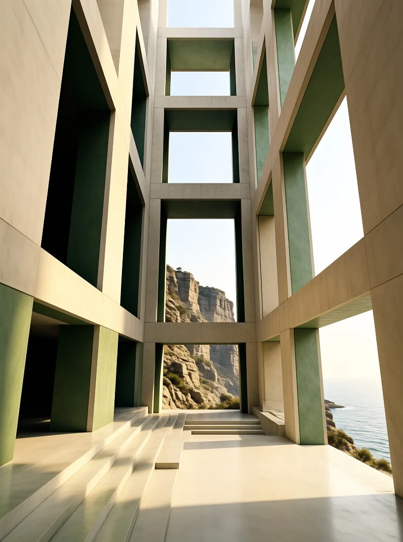 Beige structural beams create a geometric frame overlooking a rugged coastal cliff and the ocean in bright light.