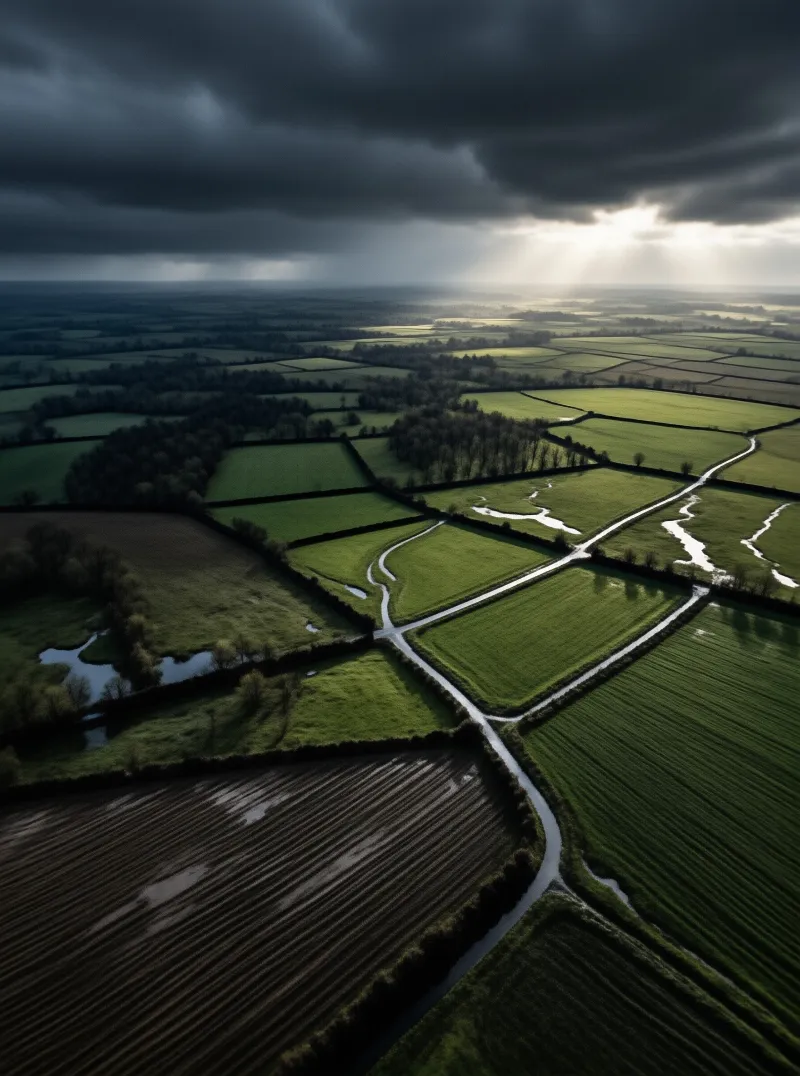 Aerial shot of green fields divided by hedgerows with a winding river beneath storm clouds and breaking sunlight.