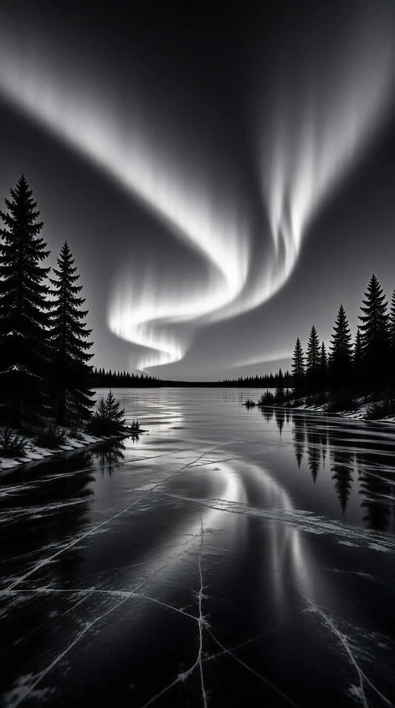 Monochrome landscape showing a bright aurora stream reflecting on cracked ice near silhouetted conifers.