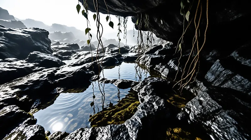 Thin vines hang from a dark overhang above glassy tide pools ringed with wet stone and moss.
