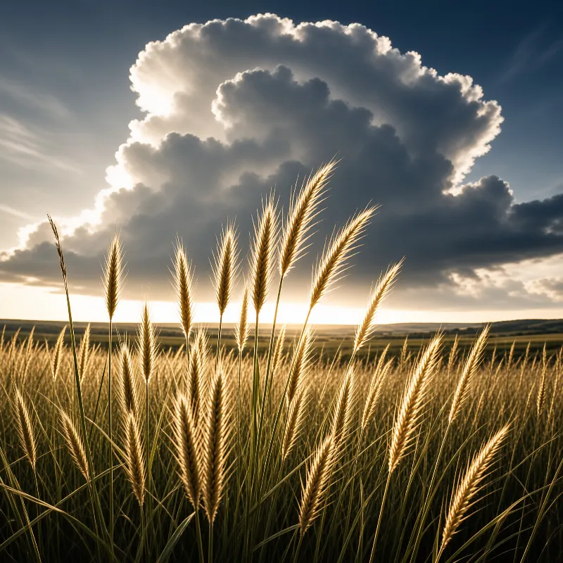 Close up of wheat ears glowing in golden light beneath a large dramatic cloud in the sky.