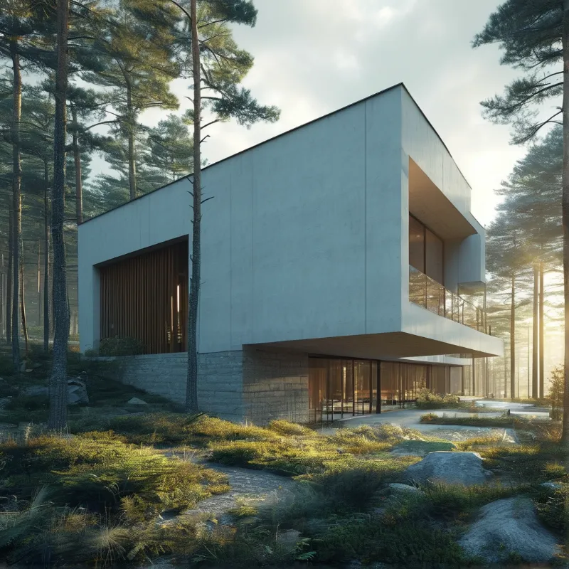 A contemporary minimalist house set among tall pine trees bathed in warm afternoon sunlight.