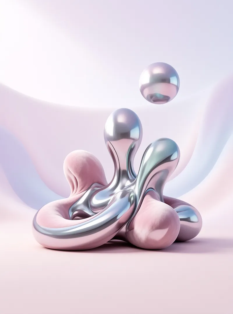 Glossy metallic and matte pink organic flowing forms rest on pale pink ground with curved pastel walls and a floating chrome sphere.