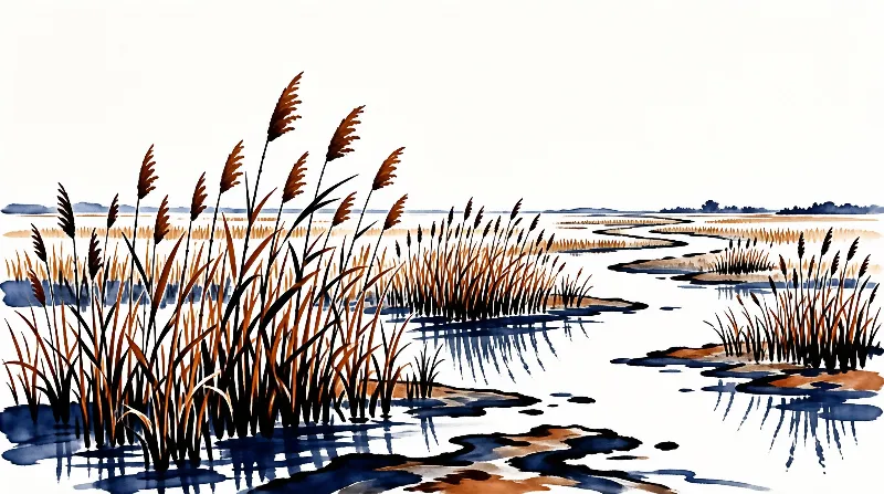 Watercolor artwork depicting tall brown reeds standing in shallow water with dark blue reflections and a distant shoreline.