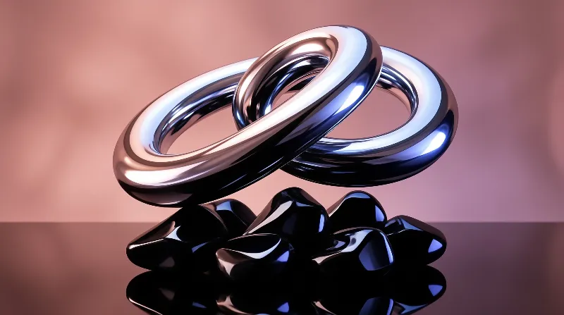 Reflective interlocked chrome rings hover above a glossy black petal pedestal against a warm peach blurred background.