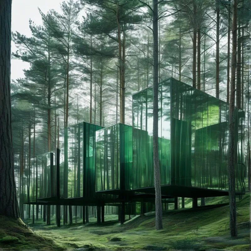 Geometric green glass panels form an elevated shelter within a quiet forest of tall slender pine trees.