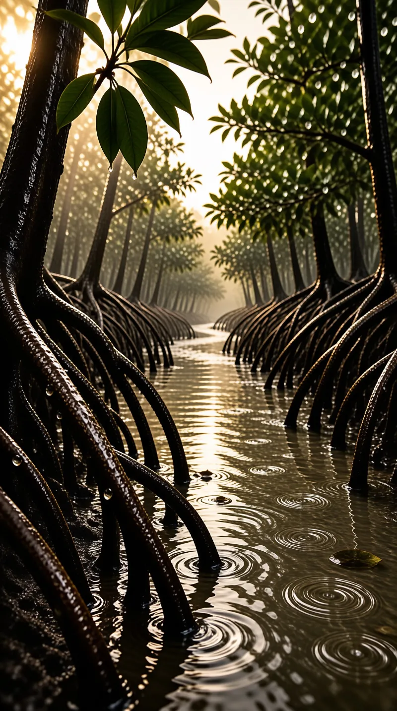 A perspective view looking down a narrow channel of dark water lined by rows of curved mangrove prop roots that create a tunnel-like effect leading towards a misty background where sunlight filters through the green canopy above and water droplets hang from the dark wet bark in the foreground while concentric ripples d