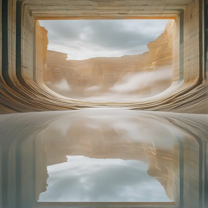 Layered sandstone canyon walls framed by curved stone, mirrored on a polished surface below under a cloudy sky.