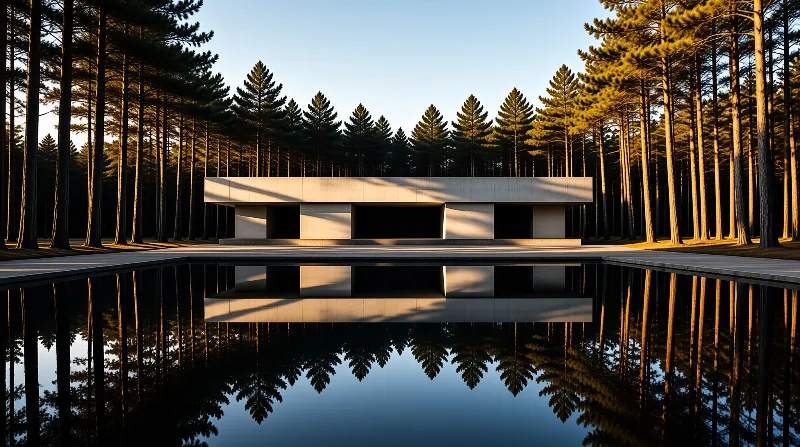 A concrete structure stands between pine trees, mirrored in the still water below during golden hour.